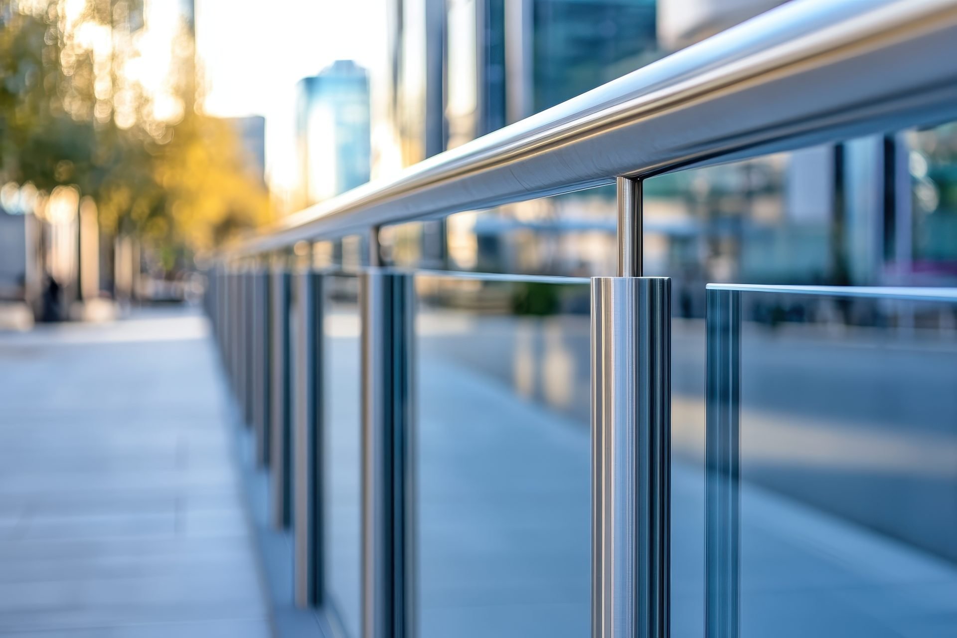 detailed view of contemporary stainless steel railing and glass barrier on exterior structure