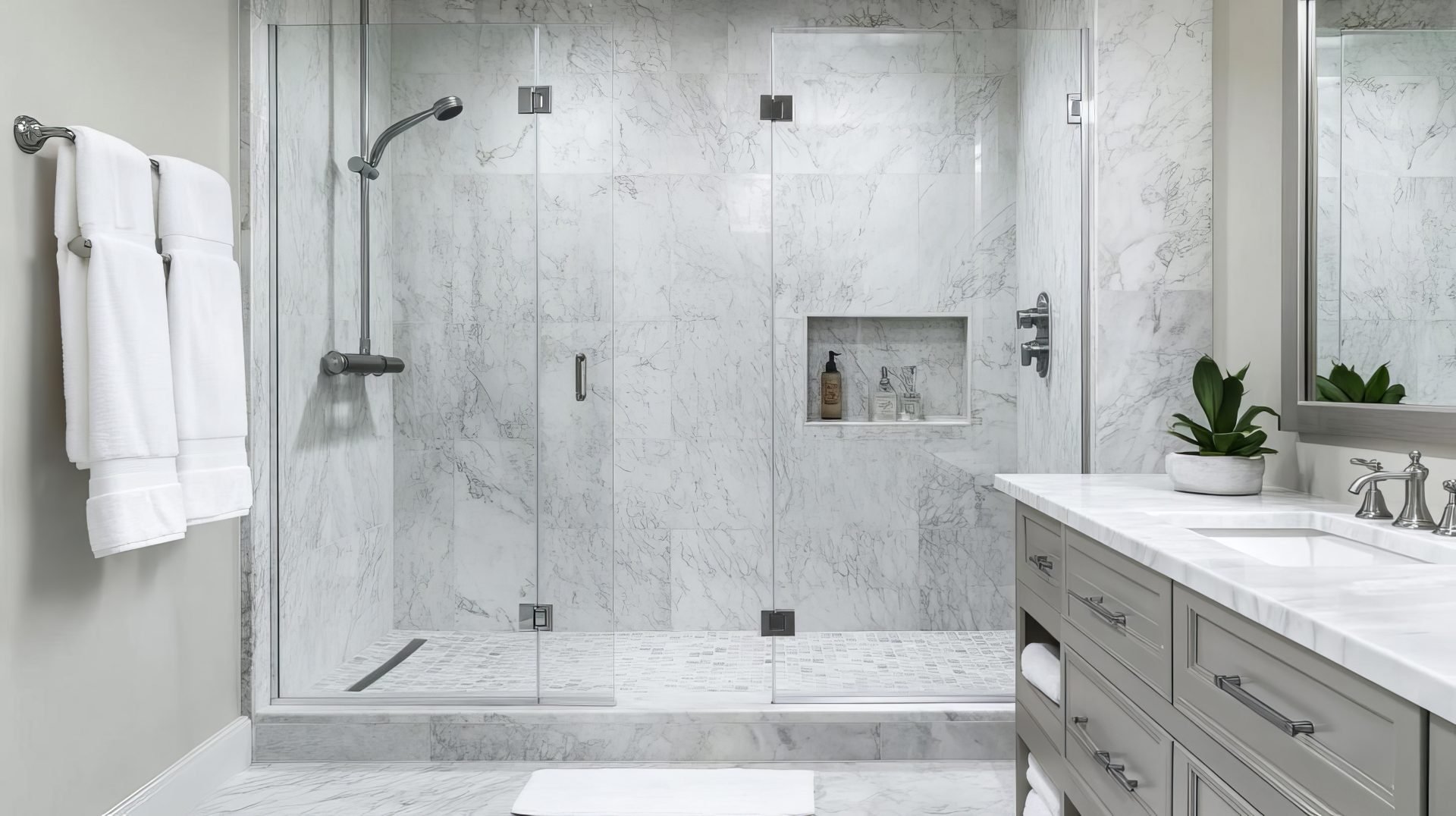 marble bathroom with oversized walk in shower and dual showerheads, luxury, spacious