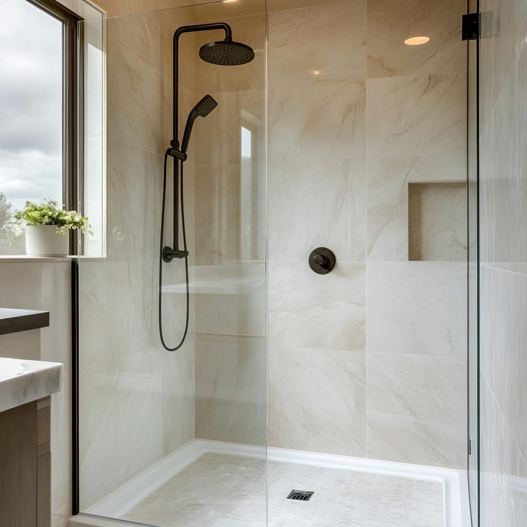 glass enclosed shower with marble walls, rainfall head, spa like spaciousness