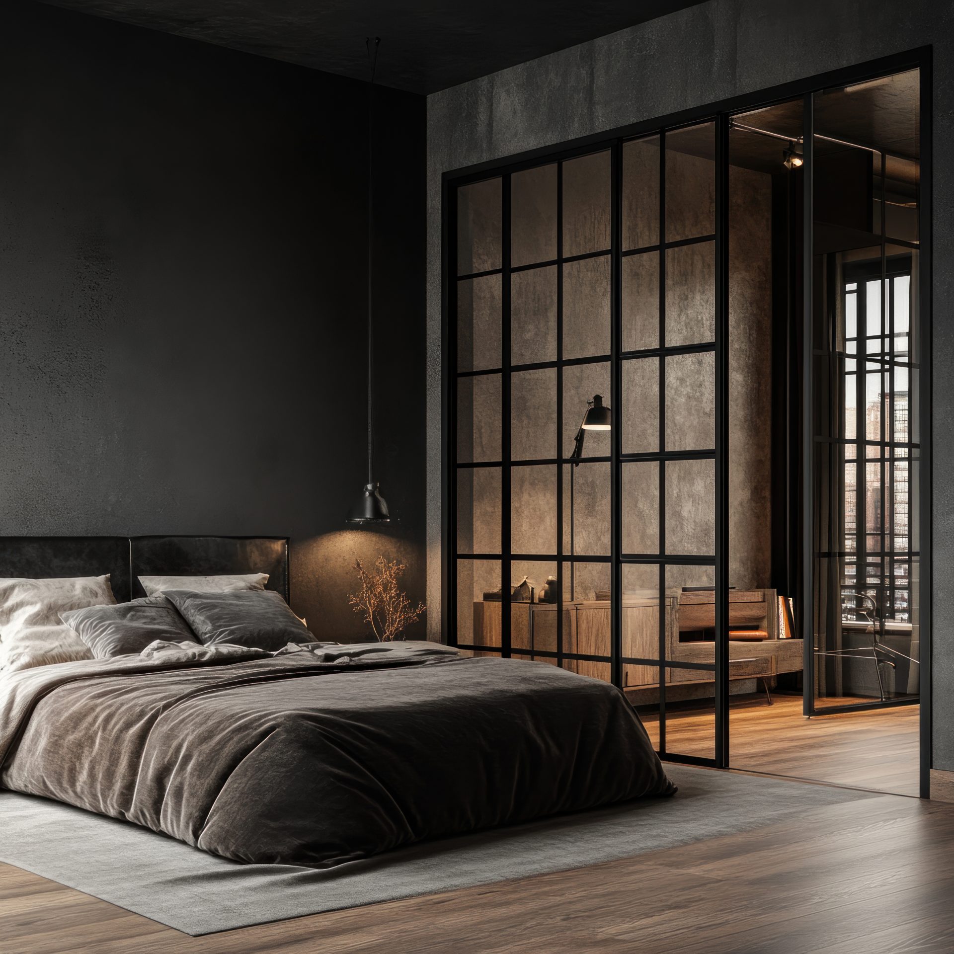 photo of a modern bedroom interior in a minimalist style with elements of industrial design. in the center of the room there is a large bed with a dark gray velvet bedspread and soft pillows. black walls and ceiling create an atmosphere of coziness and luxury. on the right you can see a glass partition with a metal frame, separating the bedroom from a small living area. the lighting is done in warm tones with wall lamps, adding a soft accent. the floor is made of natural wood, emphasizing the balance between the industrial style and the warmth of natural materials.