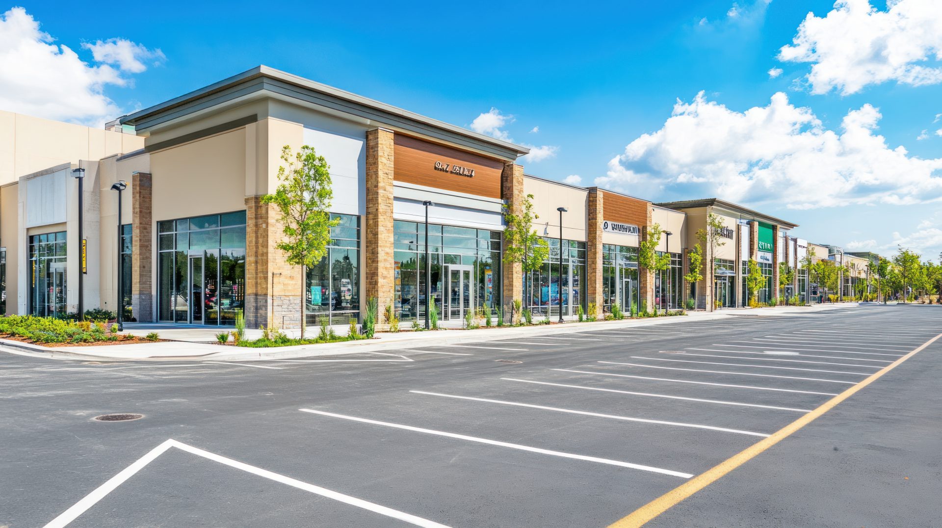 modern shopping center with ample parking on a sunny day.