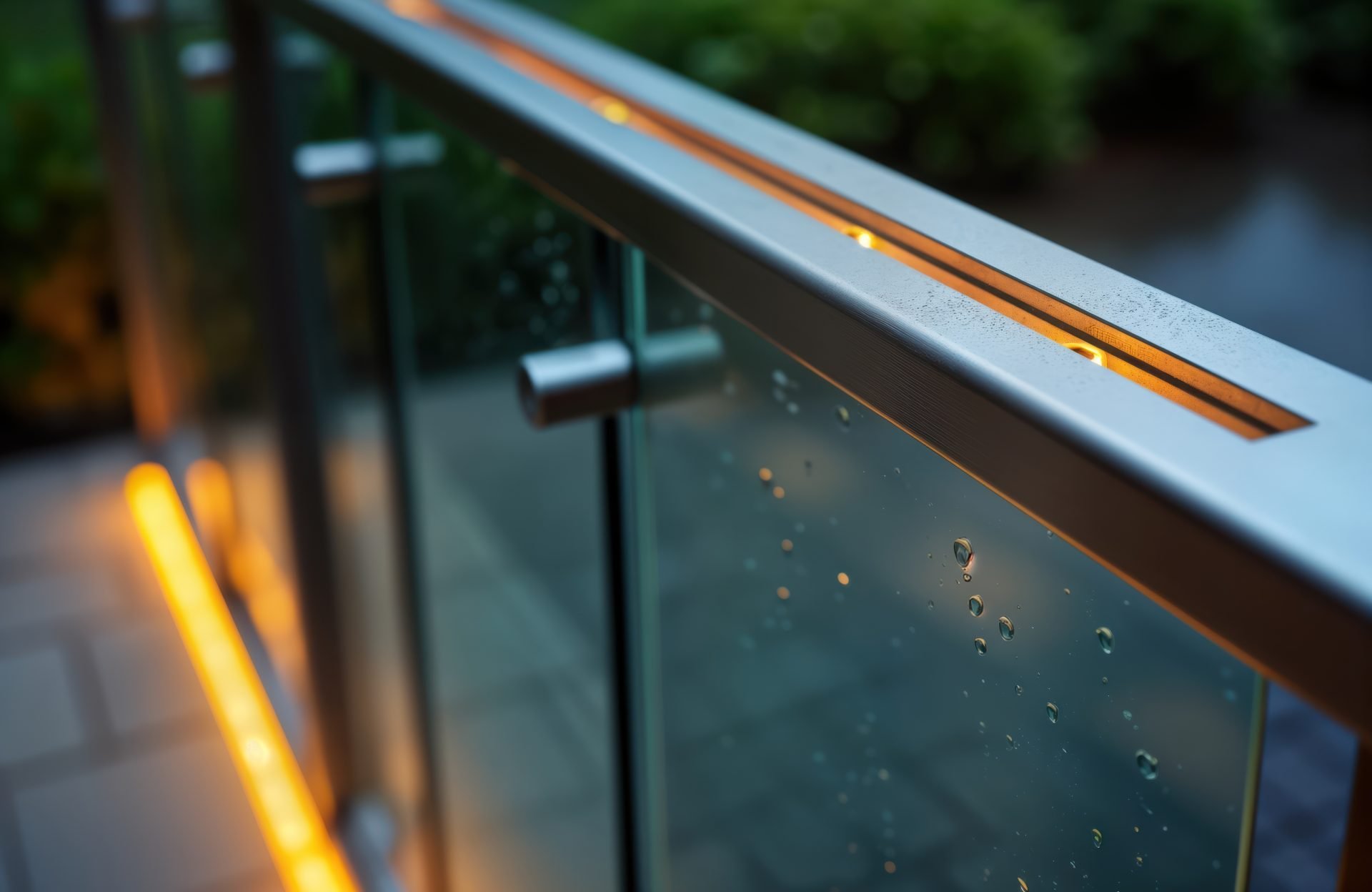 modern railing with recessed led strip lighting beneath. glass panels glued to stainless steel railing bars. yellow light illuminates stair rail. night time scene. design sleek. safety feature. new