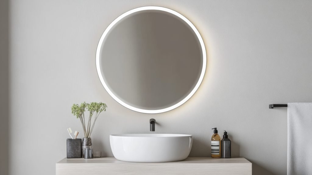 circular led vanity mirror with an auto dimming feature in a modern minimalist bathroom