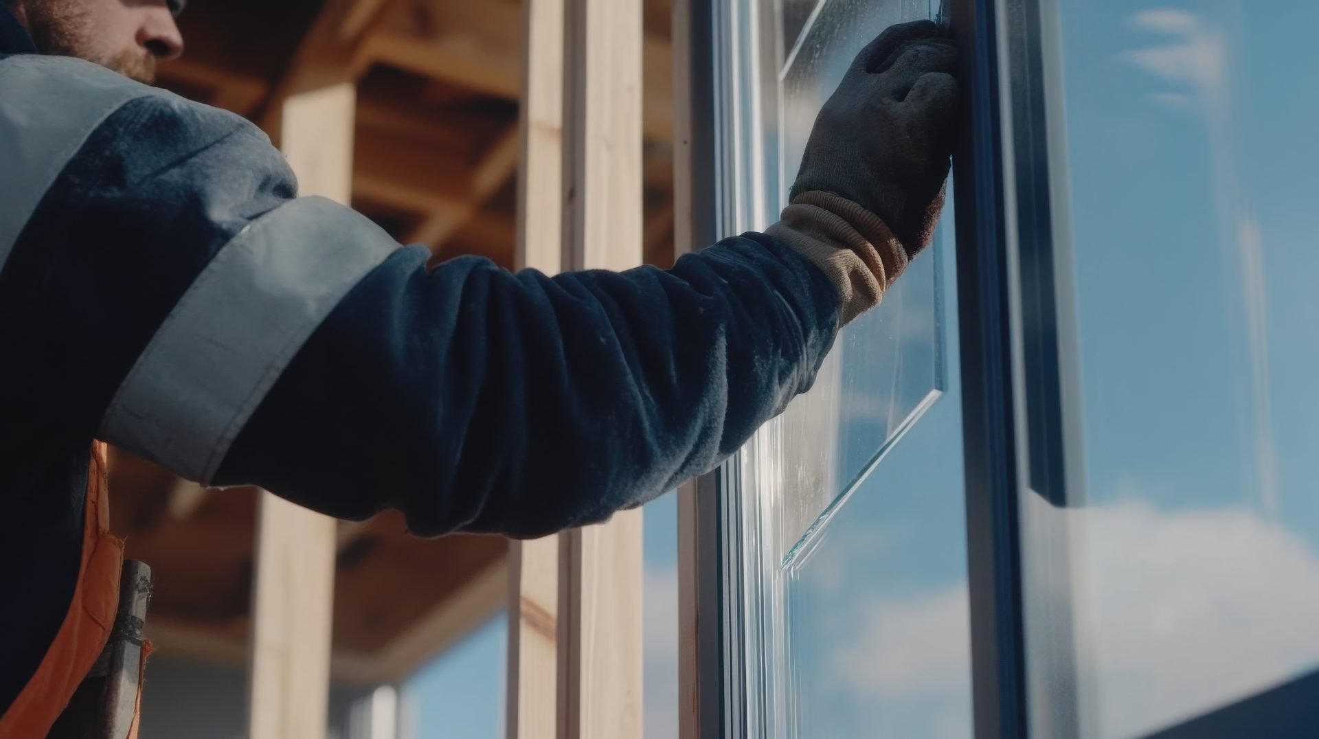 a construction site worker installing a glass window into a building frame. featuring precision and teamwork