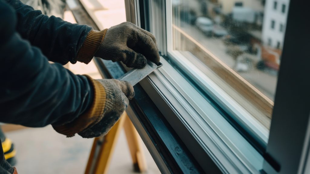 a construction site worker installing a glass window. featuring skill and precision