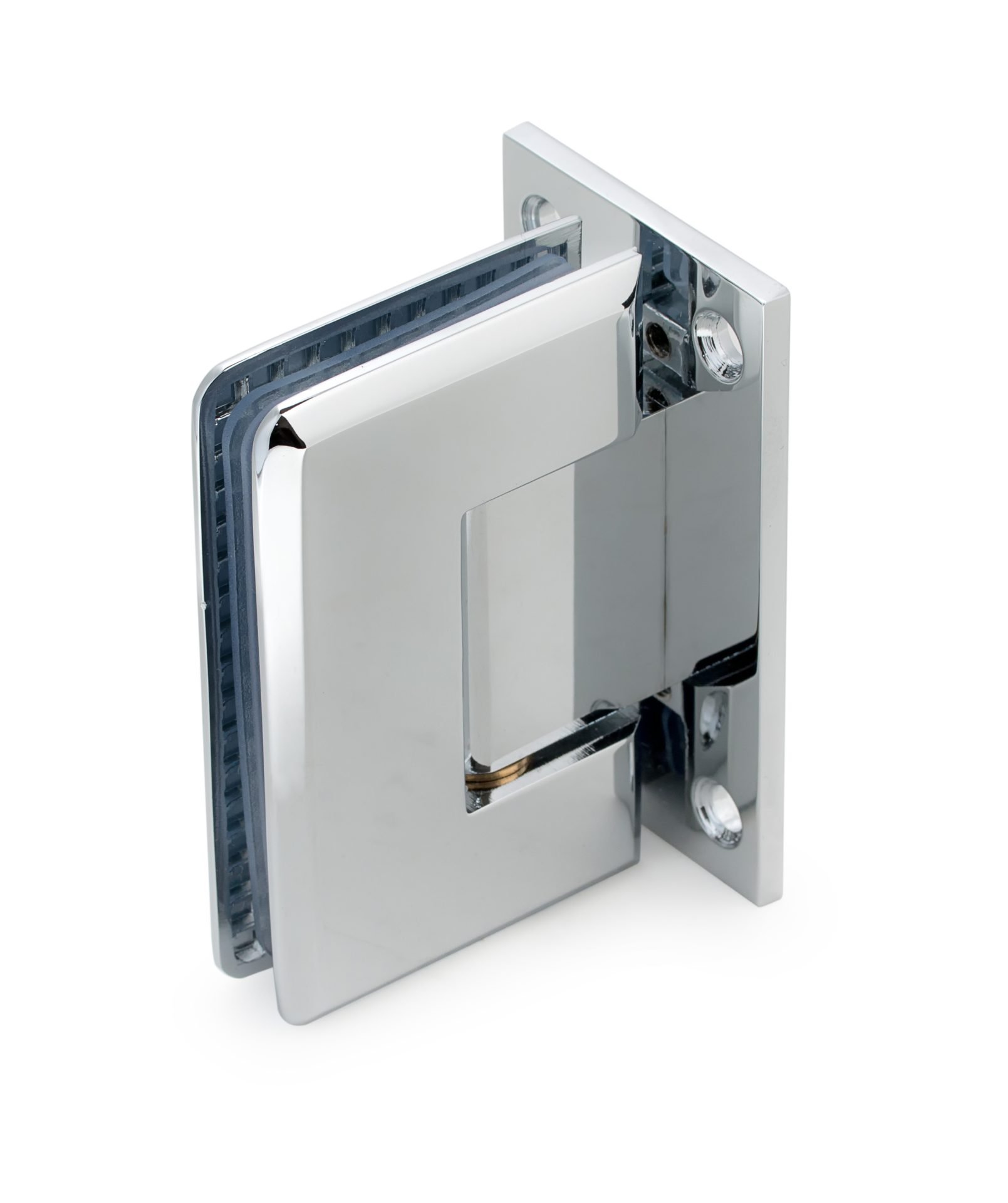 chrome door hinge for glass door in bathroom, shower enclosure, showcase, glass fitting isolated on a white, closeup.
