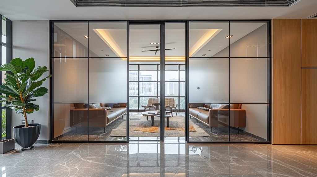 modern office interior with glass wall partition